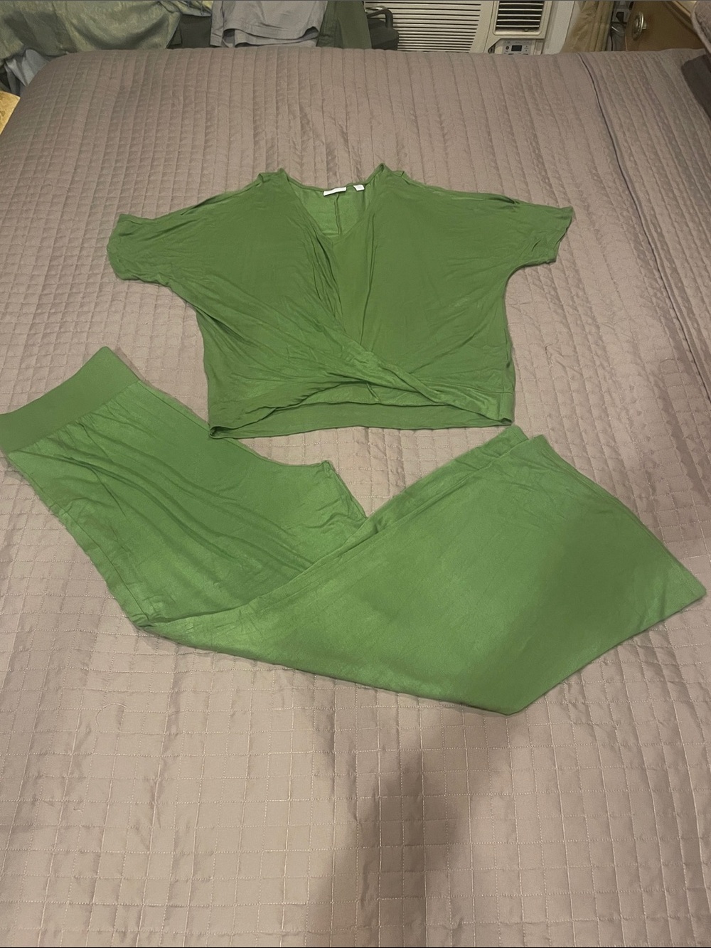 Green Two-Piece Lounge Set - Twist Front Top & Wide Leg Pants